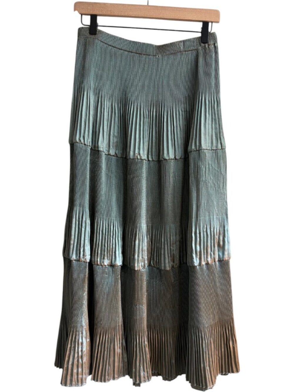 Jerry T Iridescent Plissé Micro Pleated Tiered Maxi Skirt Teal Bronze Boho XL